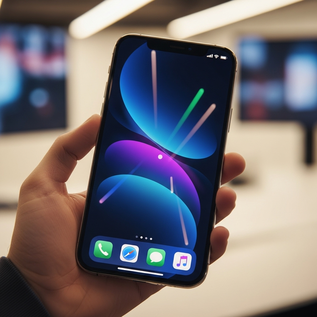 A sleek, futuristic iPhone 17 in a person's hand, displaying a vibrant, flowing user interface, with subtle light reflections. The background is a soft, blurred glow of modern technology. 아이폰17: 2025년 애플의 7가지 혁신 미리보기