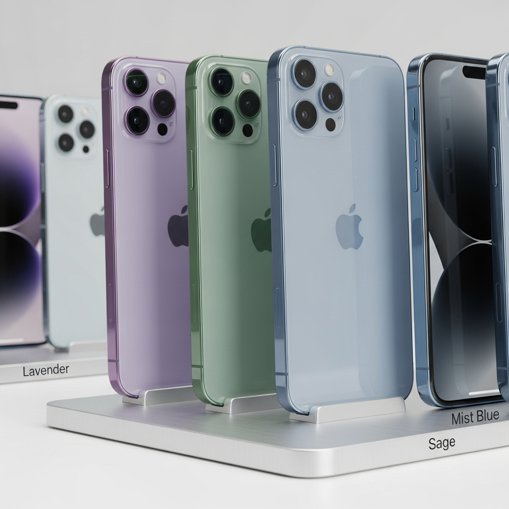 A collection of iPhone 17 models in various rumored colors like lavender, sage, and mist blue, showcasing their sleek design on a minimalist display stand. 아이폰17: 2025년 애플의 7가지 혁신 미리보기