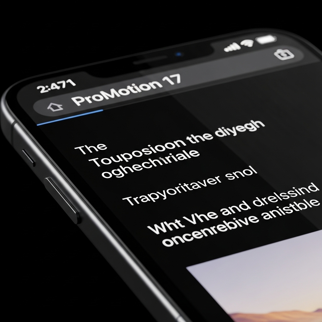A close-up of an iPhone 17 screen showcasing incredibly smooth scrolling on a web page, with vibrant colors and sharp text, emphasizing the ProMotion display. 아이폰17: 2025년 애플의 7가지 혁신 미리보기