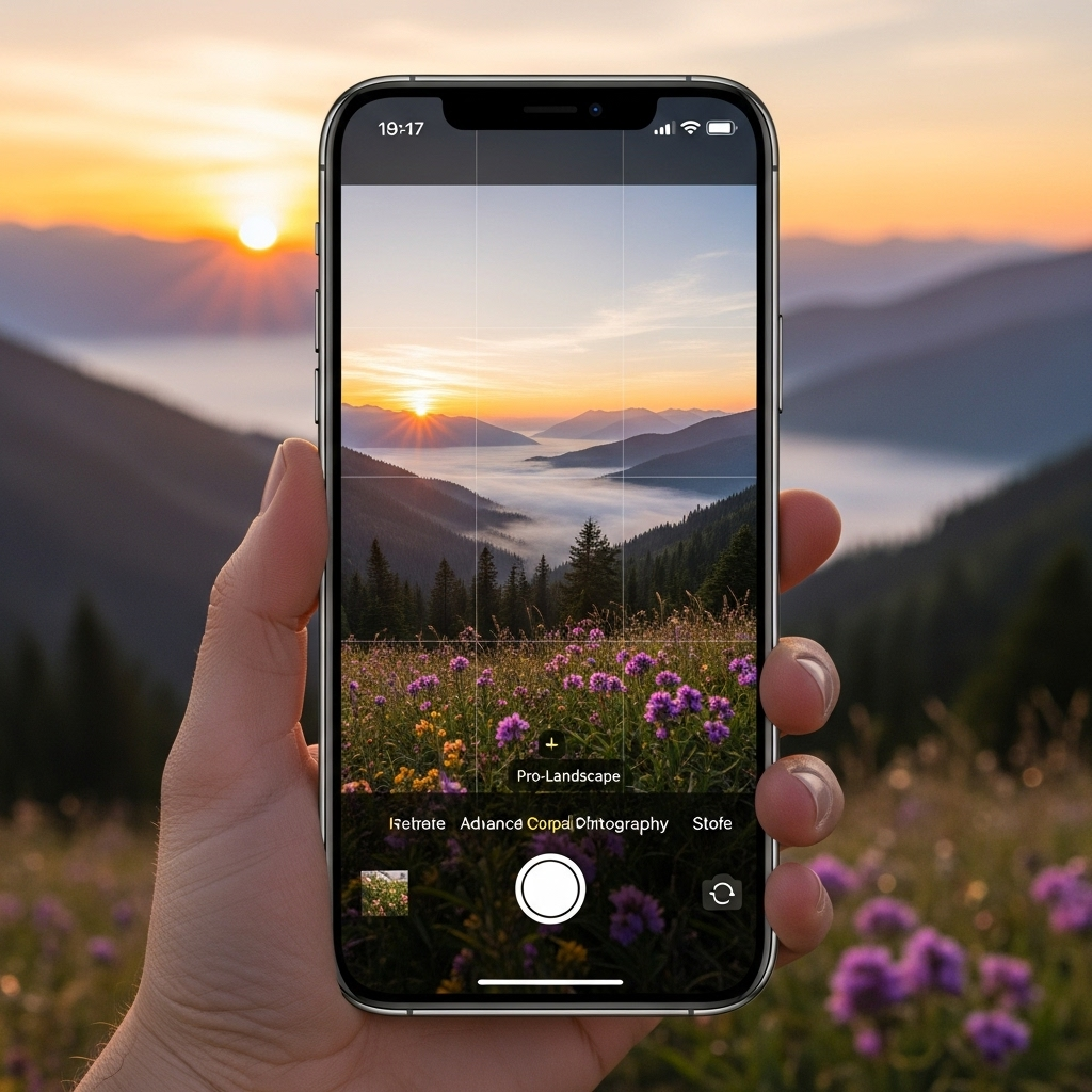 A person expertly taking a stunning landscape photo with an iPhone 17, emphasizing the advanced camera lenses and the vibrant, detailed image on the screen. 아이폰17: 2025년 애플의 7가지 혁신 미리보기