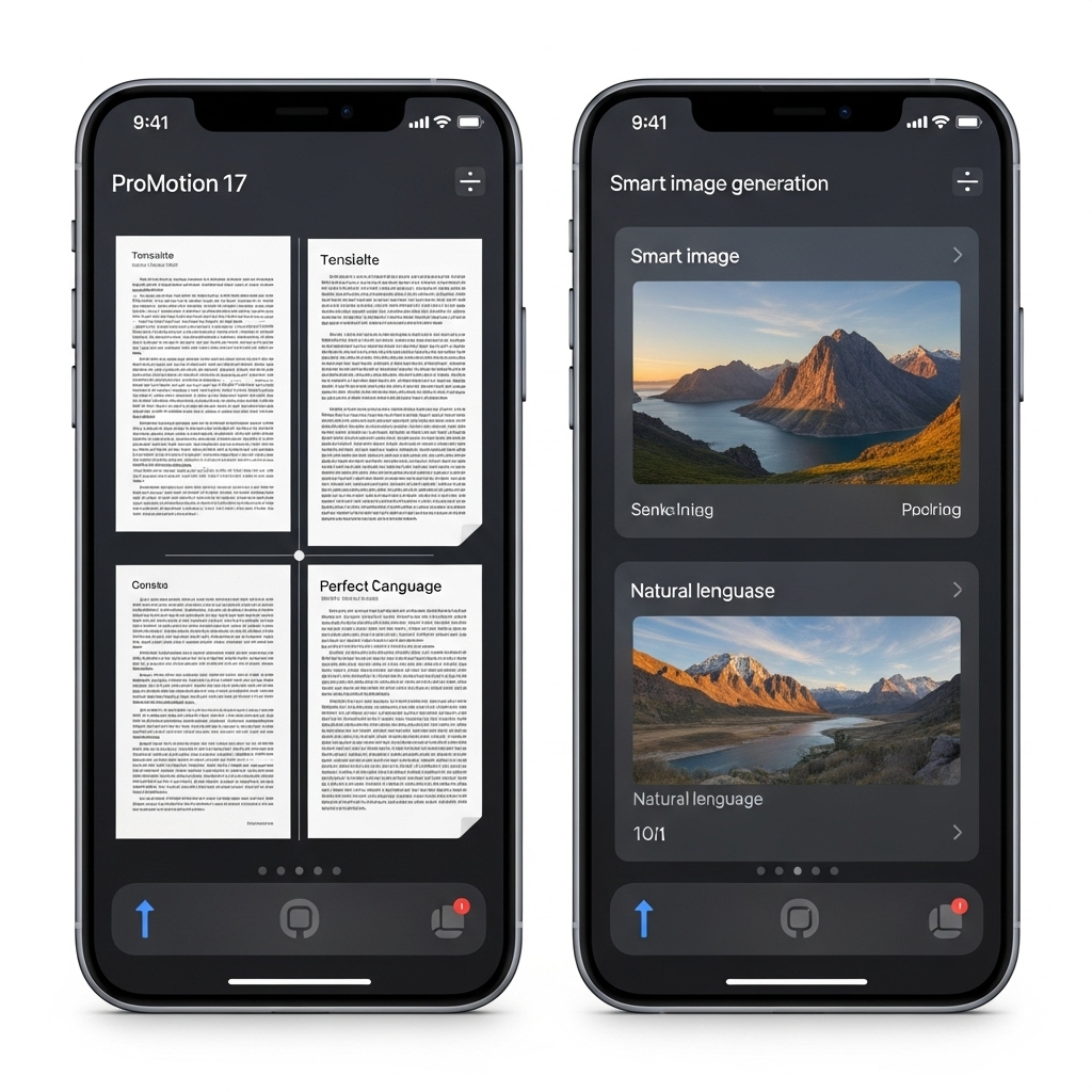 A dynamic iPhone 17 screen showcasing various AI-powered features of iOS 26, such as real-time translation and smart image generation, with a clean, modern aesthetic. 아이폰17: 2025년 애플의 7가지 혁신 미리보기