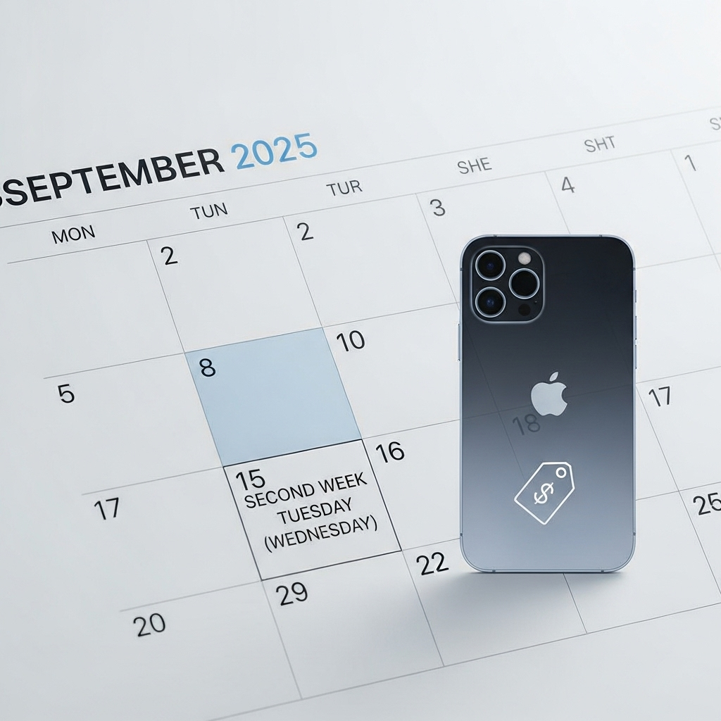 A calendar highlighting September 2025 with an iPhone 17 silhouette, symbolizing the anticipated launch date, surrounded by a subtle price tag icon. 아이폰17: 2025년 애플의 7가지 혁신 미리보기