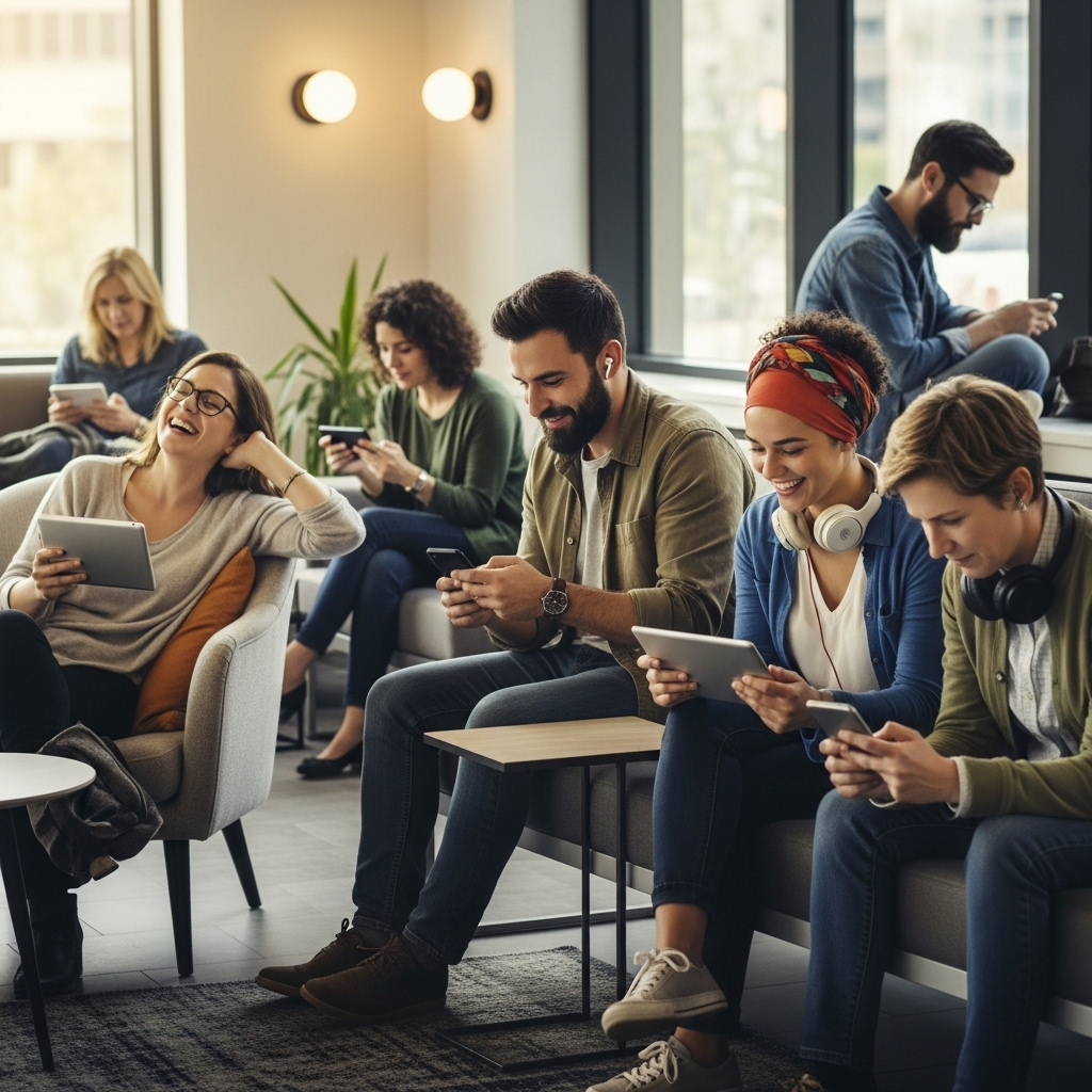 A diverse group of people happily watching videos on their smartphones and tablets, some with headphones, in a clean, modern setting. The atmosphere is relaxed and enjoyable. No text on images. 유튜브 프리미엄 가격, 2024년 가장 현명하게 이용하는 5가지 팁!