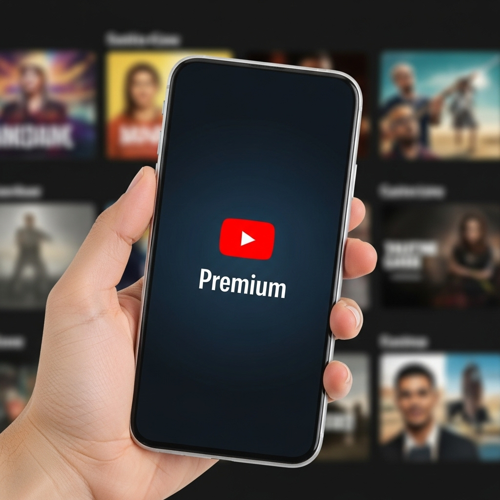 A person's hand holding a smartphone, displaying the YouTube Premium logo prominently on the screen, against a slightly blurred background of diverse content cards. The image conveys ease of access and premium service. No text on images. 유튜브 프리미엄 가격, 2024년 가장 현명하게 이용하는 5가지 팁!