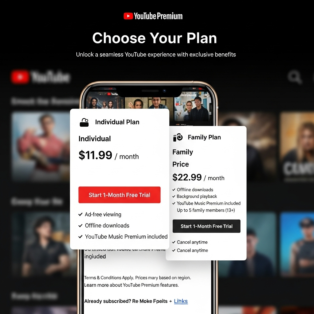 smartphone screen showing YouTube Premium interface with subscription plans and pricing options, clean modern design 유튜브 프리미엄 싸게 구독하는 7가지 검증된 방법