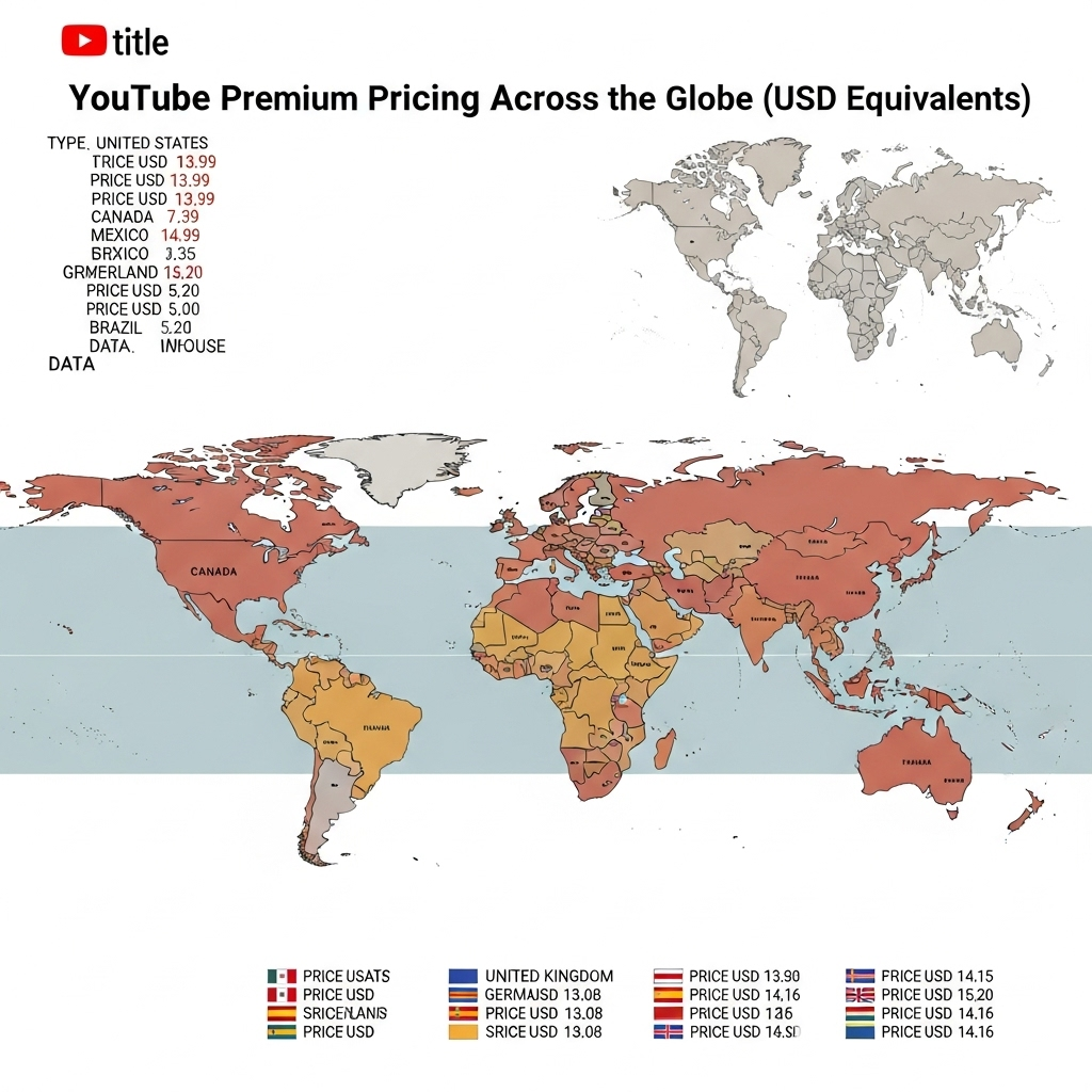 world map showing different YouTube Premium pricing across various countries with colorful price indicators 유튜브 프리미엄 싸게 구독하는 7가지 검증된 방법