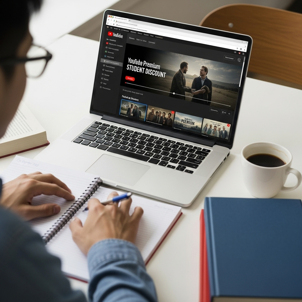 college student using laptop with YouTube Premium student discount interface visible on screen 유튜브 프리미엄 싸게 구독하는 7가지 검증된 방법