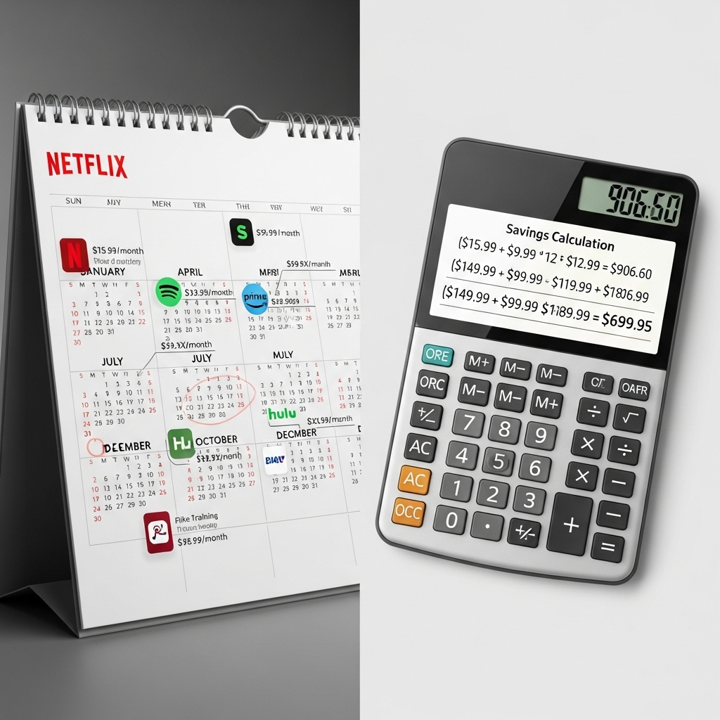 calendar and calculator showing annual subscription savings calculation with money symbols 유튜브 프리미엄 싸게 구독하는 7가지 검증된 방법