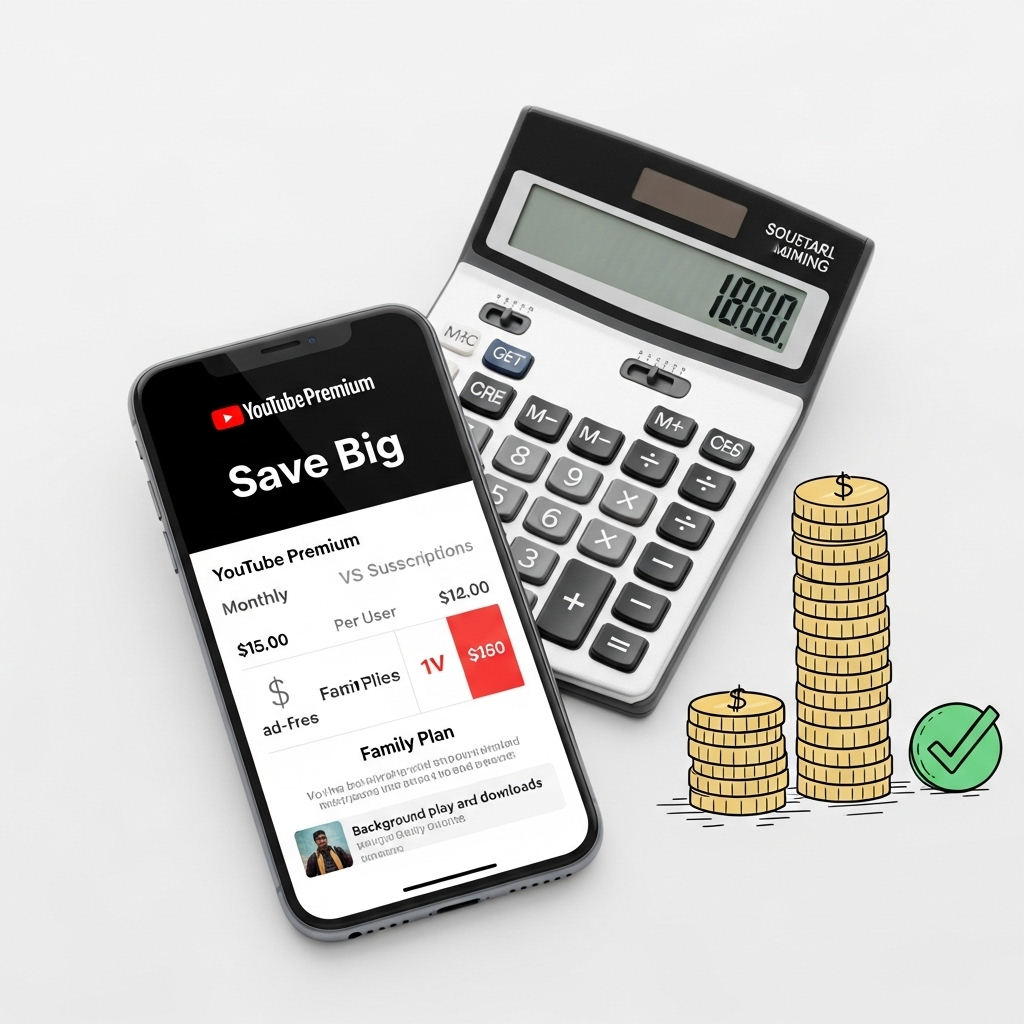 Calculator and smartphone showing YouTube Premium family plan pricing comparison chart with money savings illustration, clean white background 유튜브 프리미엄 가족 플랜 장점 6가지와 꿀팁