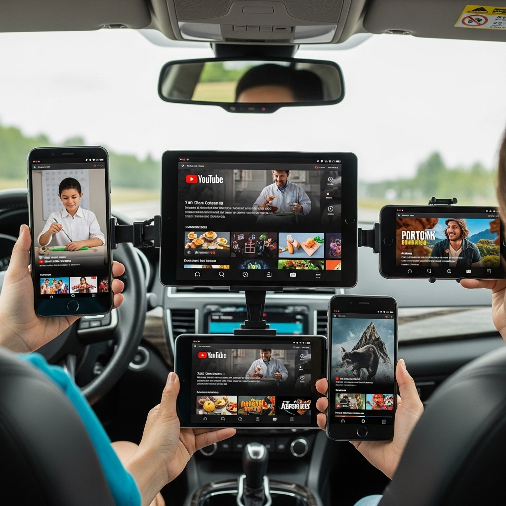 Multiple smartphones and tablets showing downloaded YouTube videos offline, family road trip setting inside car, devices displaying various content types 유튜브 프리미엄 가족 플랜 장점 6가지와 꿀팁