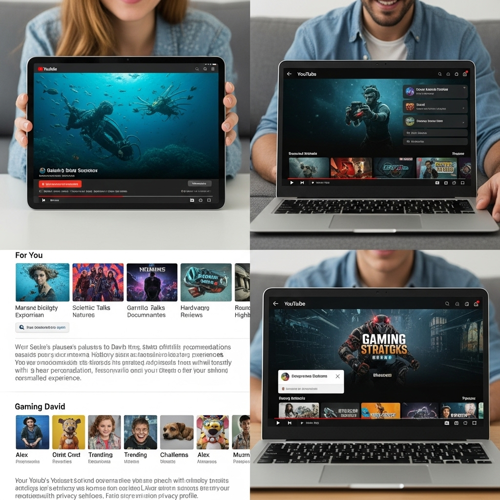 Different family members using separate devices showing personalized YouTube interfaces, each person has unique content recommendations, privacy concept illustration 유튜브 프리미엄 가족 플랜 장점 6가지와 꿀팁