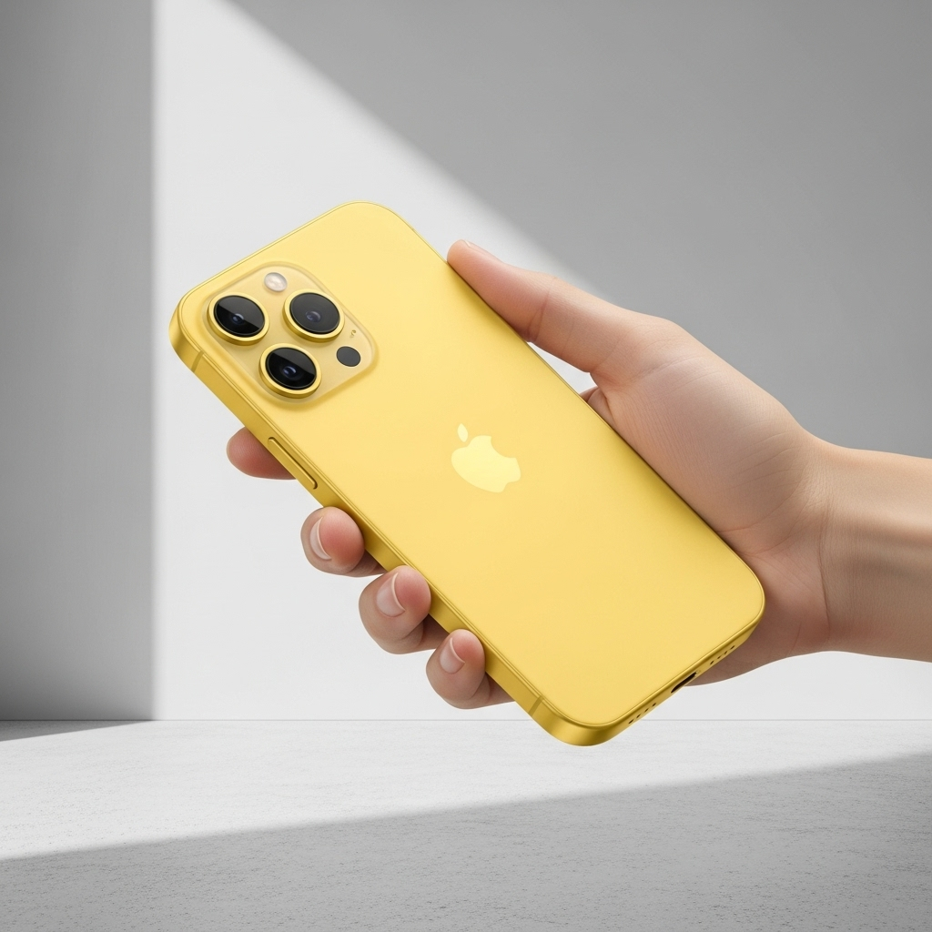 A sleek, modern iPhone 15 in a vibrant color, held by a hand in a bright, minimalist setting, showcasing its design. No text on the phone screen. 아이폰 15, 아직도 현역으로 완벽한 가성비 선택일까요?