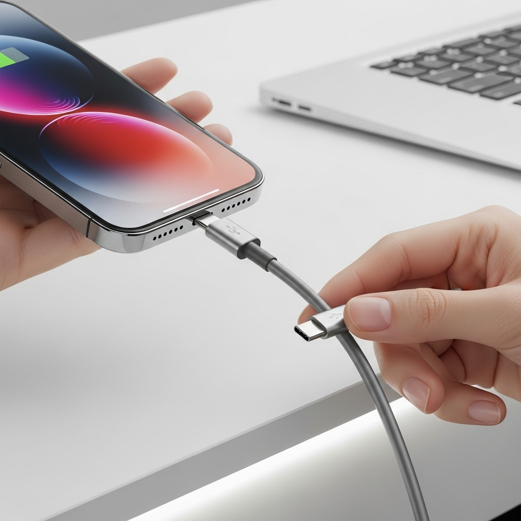 A person's hand holding an iPhone 15, connecting a USB-C cable to the port. The setting is clean and modern, highlighting the connectivity. 아이폰 15, 아직도 현역으로 완벽한 가성비 선택일까요?