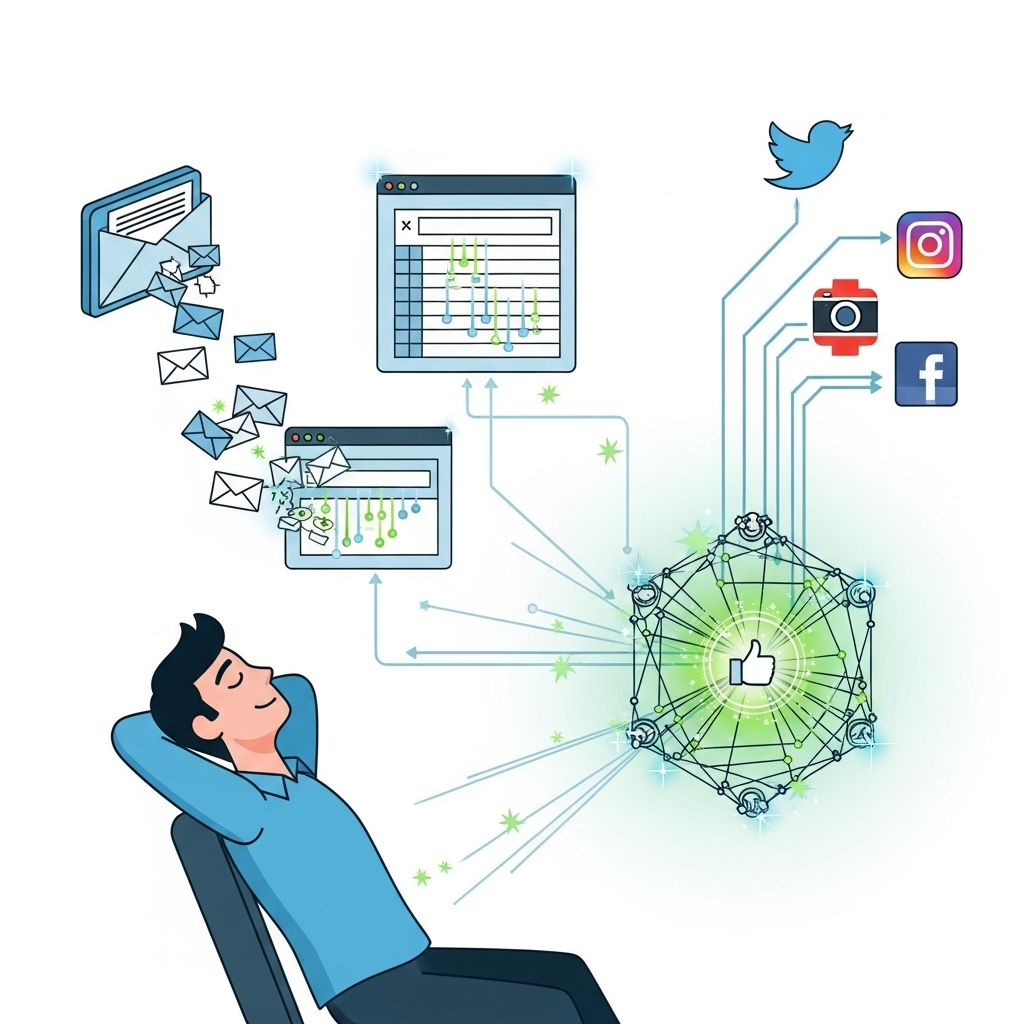 A person looking relieved as various digital tasks (email, data entry, social media) are automatically handled by a seamless, interconnected system, representing smart automation. Clean infographic style, no text.