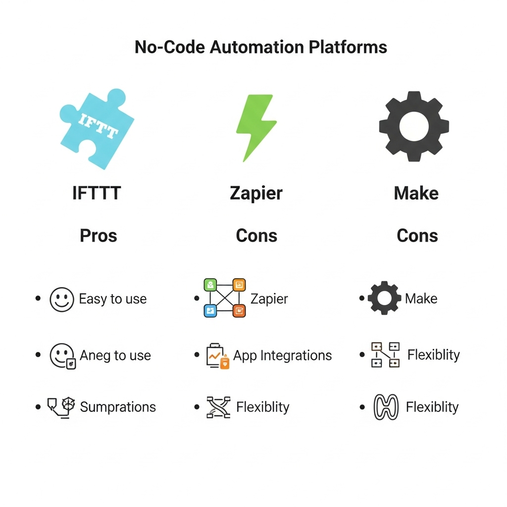 A clean infographic comparing three different no-code automation platforms (represented by generic icons for IFTTT, Zapier, Make) with simple pros and cons listed for each. Focus on ease of use, app integrations, and flexibility. Clean infographic style, no text.