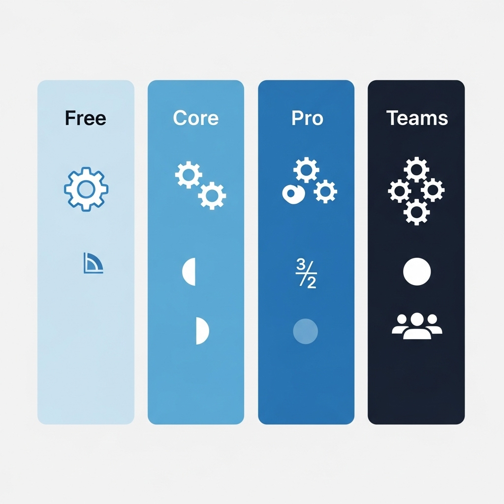 A clear, simple infographic showing the different pricing tiers of a no-code automation platform (Free, Core, Pro, Teams), highlighting key features or task limits for each plan. Clean, modern infographic style, no text.