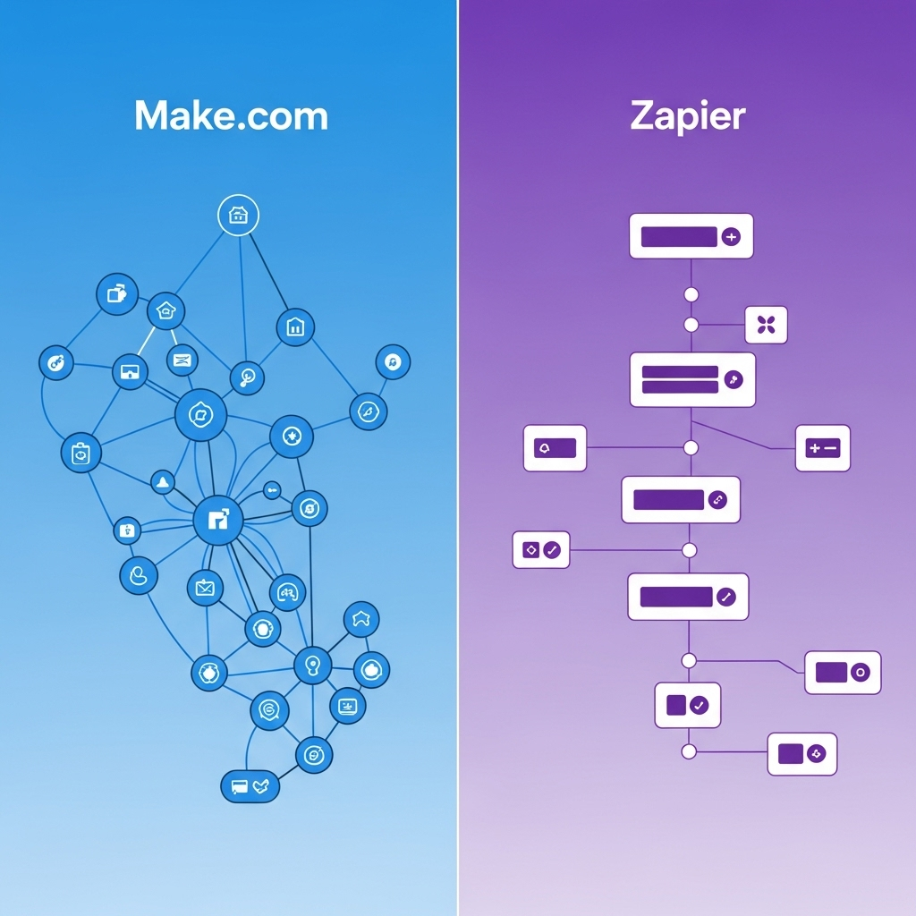 A clean infographic showing a split screen comparing Make.com and Zapier. On one side, a blue-themed interface representing Make.com with intricate nodes and connections. On the other side, a purple-themed interface for Zapier with simpler, linear connections. Text labels "Make.com" and "Zapier" clearly visible. No other text in image. Style: clean infographic.