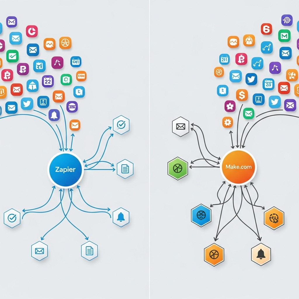 A dynamic infographic illustrating the concept of app integration. On the left, many colorful app icons (representing various services like email, CRM, social media) flowing into a central hub labeled "Zapier," then branching out to actions. On the right, a similar setup but with a hub labeled "Make.com," showing more complex, multi-directional connections with decision points. Style: clean infographic, no text.