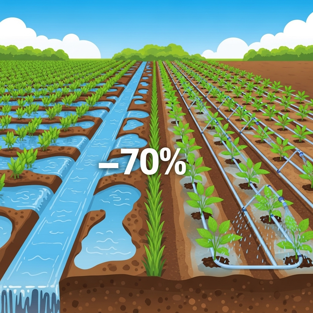 A vibrant infographic showing a farm field divided into two sections. One section has traditional irrigation with excessive water, and the other has smart irrigation system with precise water usage, highlighting 70% water consumption of agriculture. No text.