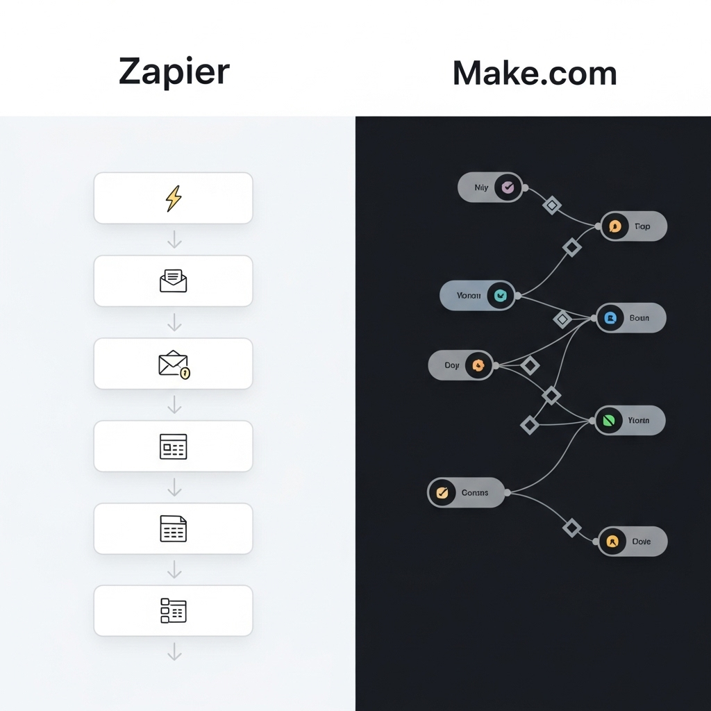 A side-by-side comparison of user interfaces for automation tools. On the left, a simplified, clean UI with clear steps and large buttons, labeled "Zapier." On the right, a more complex, node-based UI with interconnected bubbles and conditional logic lines, labeled "Make.com." Both interfaces are digital and clean, showing distinct design philosophies. Style: clean infographic, no text.