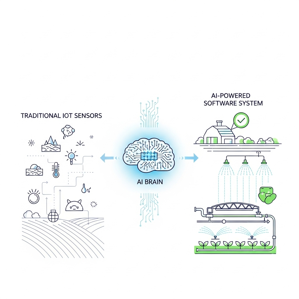 A clean infographic showing the transition from traditional IoT sensors to an AI-powered software system on a farm. Illustrate data flowing from sensors into a central AI brain, then showing optimized irrigation. Style: clean infographic. No text.