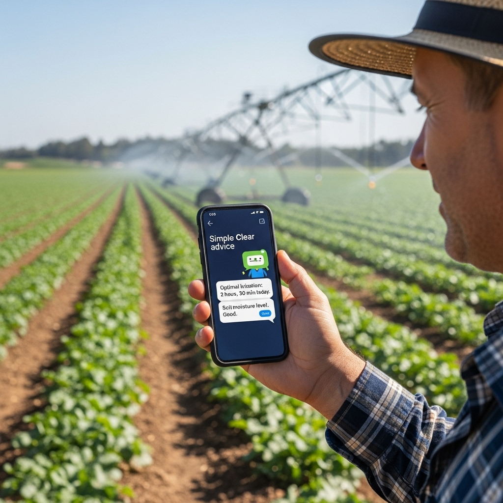 A farmer looking at a smartphone screen displaying simple, clear advice for irrigation scheduling. The screen shows a chatbot interface, and in the background, a modern farm with smart irrigation systems. Style: lifestyle photography. No text.