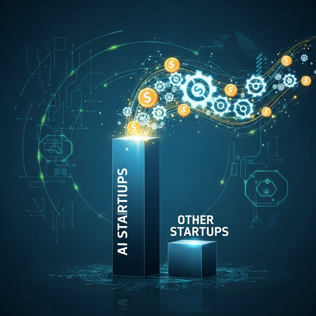 A futuristic clean infographic showing a bar chart with one bar dramatically higher than others, labeled "AI Startups" vs. "Other Startups." Money symbols and gears are flowing into the AI bar. The background is subtle, tech-oriented, and dynamic. Style: clean infographic. No text.