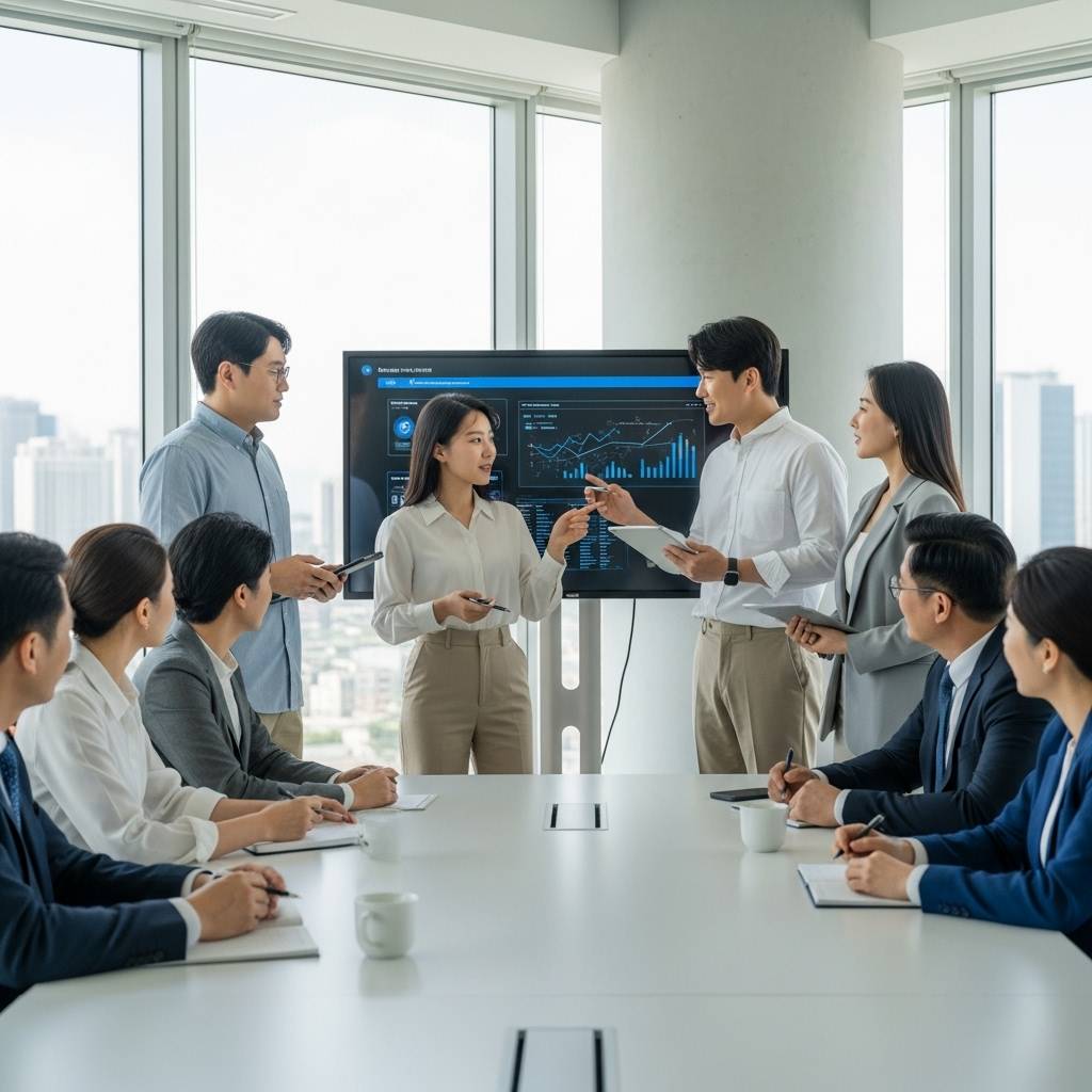A vibrant lifestyle photography image showing a diverse group of Korean startup founders, looking confident and energetic, presenting their AI solution to a group of sophisticated venture capitalists in a modern, sleek office setting. Bright, natural lighting. No text.