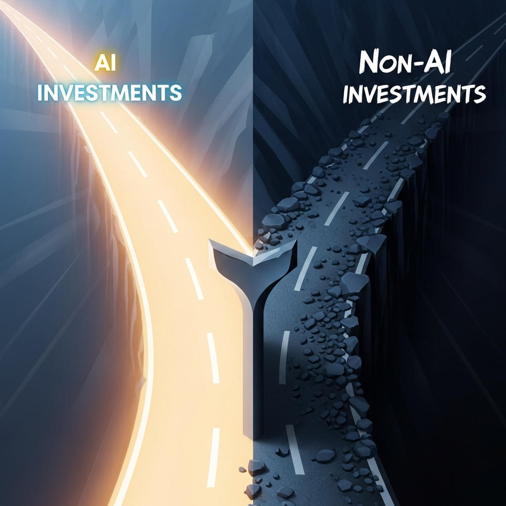 An abstract illustration representing a diverging path or a fork in the road, with one path clearly wide and brightly lit, leading to "AI Investments," and the other path narrow, dark, and challenging, leading to "Non-AI Investments." Emphasize the separation and contrast. Style: conceptual illustration. No text.