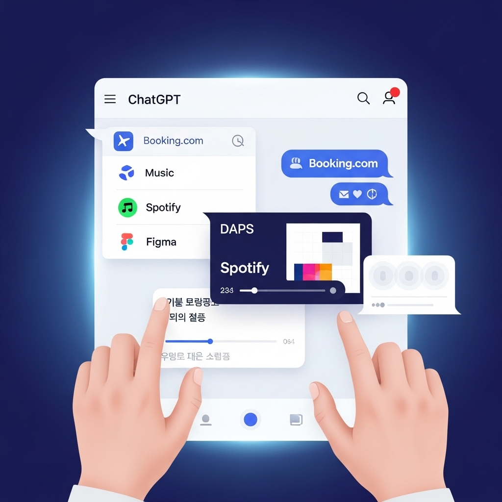 A sleek, modern user interface of ChatGPT with various app icons integrated seamlessly within the chat window. The interface shows interactive elements from apps like Booking.com, Spotify, and Figma, suggesting productivity and entertainment. The background is a soft gradient, emphasizing technology and innovation. Korean person hands interacting with the interface. No text in image. Style: clean infographic.