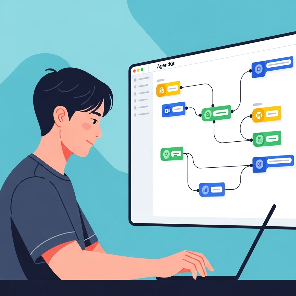 A modern, clean infographic-style illustration of a developer interacting with a digital interface. The interface shows a flow chart or visual programming environment, representing the AgentKit. The developer, a young Korean person, is focused and engaged. Bright, inviting color palette. No text in image.