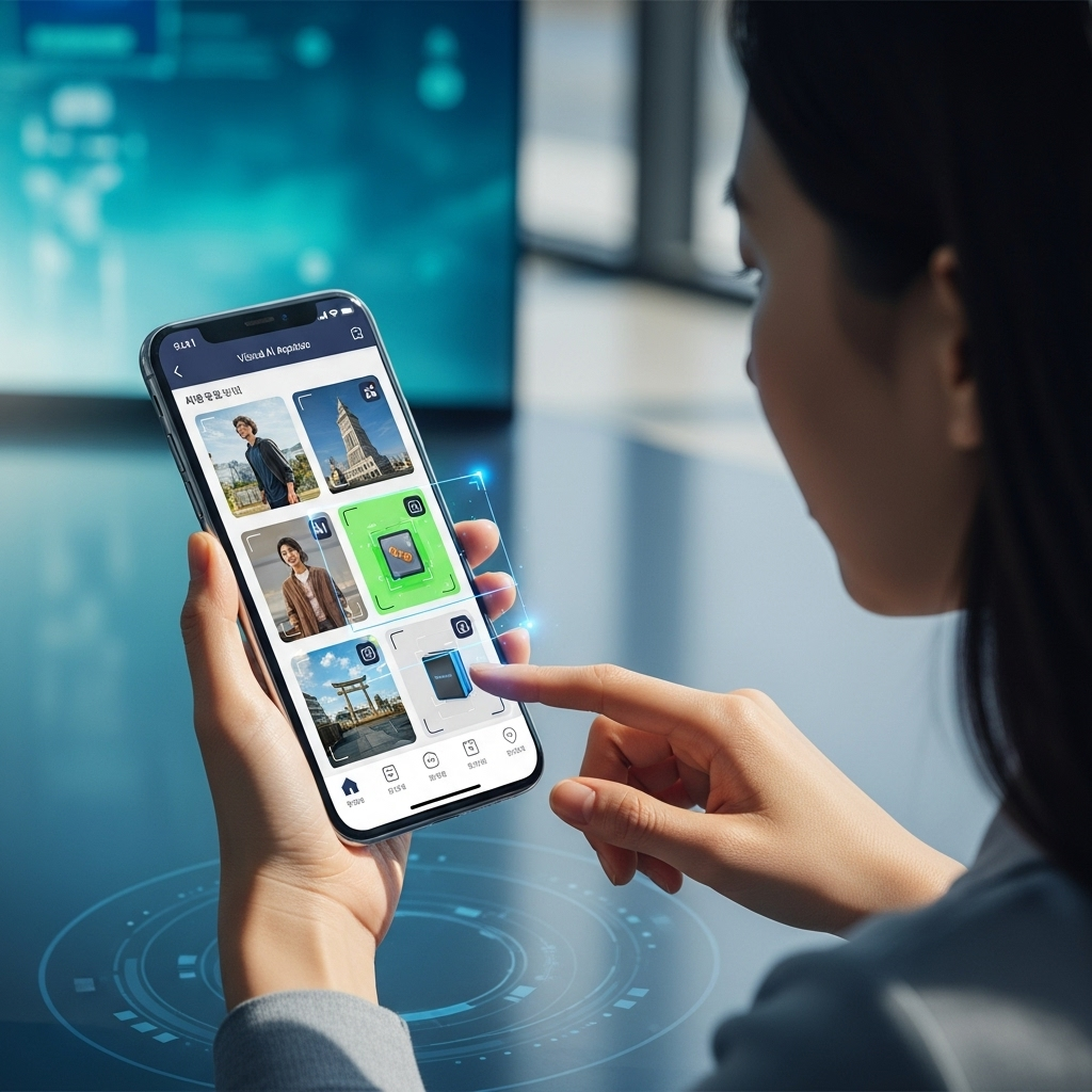 A vibrant and modern clean infographic showing a smartphone screen displaying a visual AI app with images and interactive elements, representing a shift from text-based to visual-first. Korean woman interacting with the screen. Natural lighting, high tech atmosphere. No text.