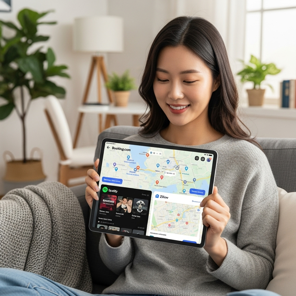 A dynamic, lifestyle photography scene showing a Korean user happily engaging with ChatGPT on a tablet. On the screen, integrated app interfaces are visible: a travel booking map from Booking.com, a music playlist from Spotify, and a house search map from Zillow. The user is in a comfortable, modern home setting, indicating ease of use and everyday integration. Natural light. No text.