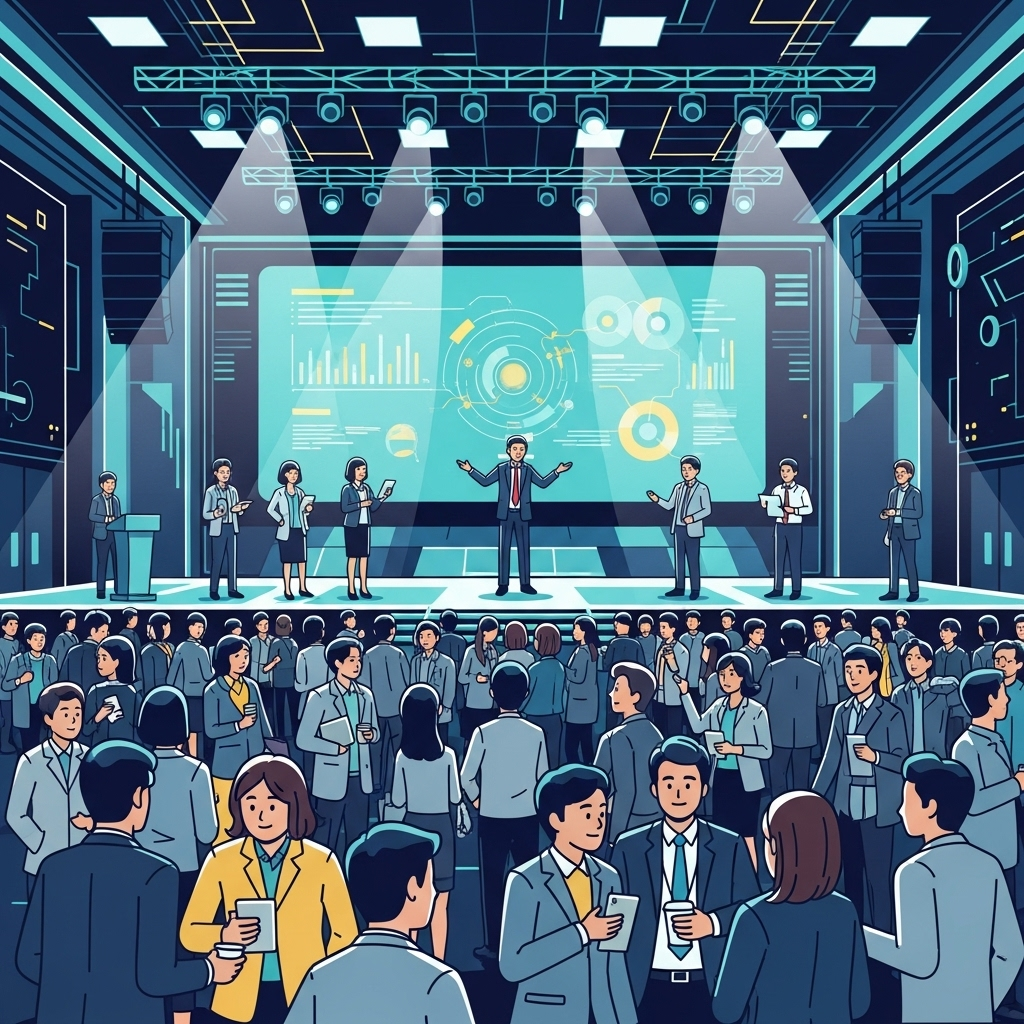 A vibrant and modern tech conference hall filled with diverse attendees networking, speakers on a large stage, and bright light. Focus on an energetic and innovative atmosphere. Korean people, clean infographic style, no text.