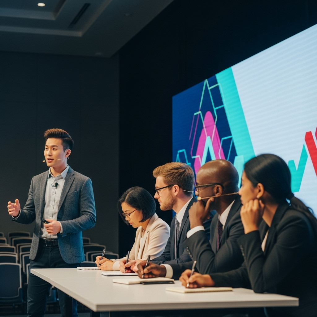 A dynamic scene of a young Korean startup founder passionately pitching their innovative idea on a stage to a panel of diverse VC judges. The judges are attentive and engaged, some taking notes. Modern conference setting, lifestyle photography, no text.