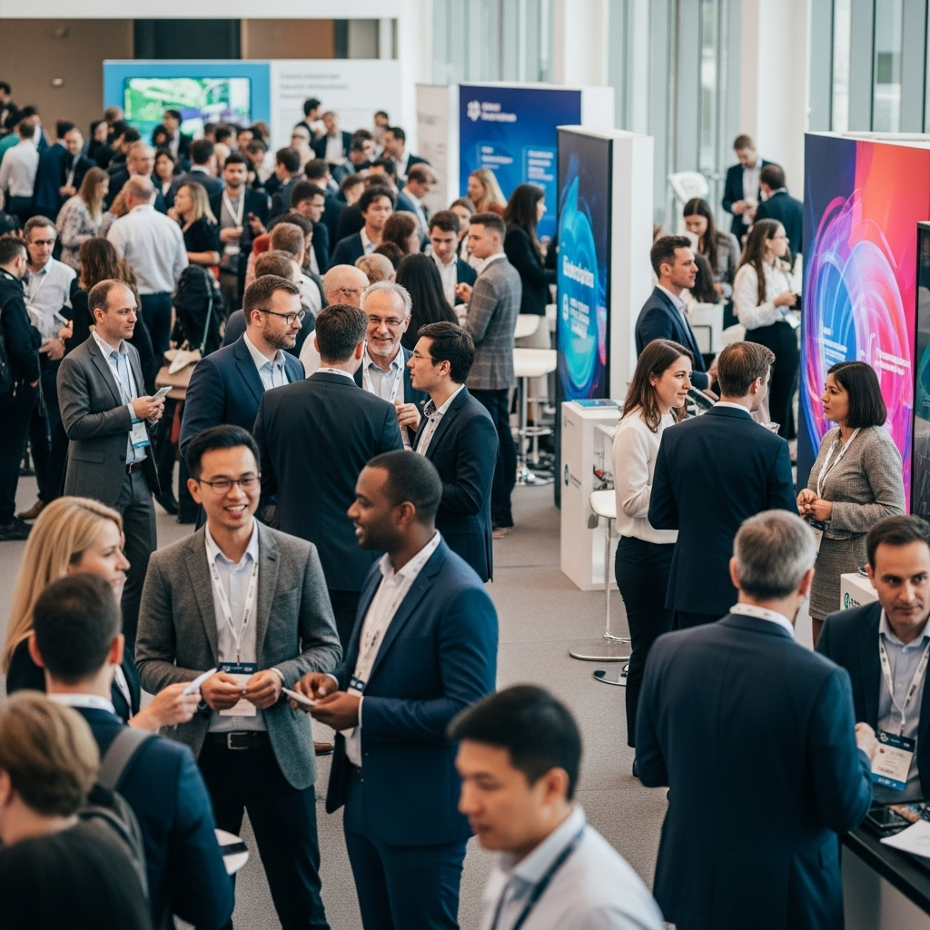 A bustling and diverse tech conference scene with people of various nationalities engaged in animated conversations and networking. Bright, modern, and professional setting, lifestyle photography, no text.