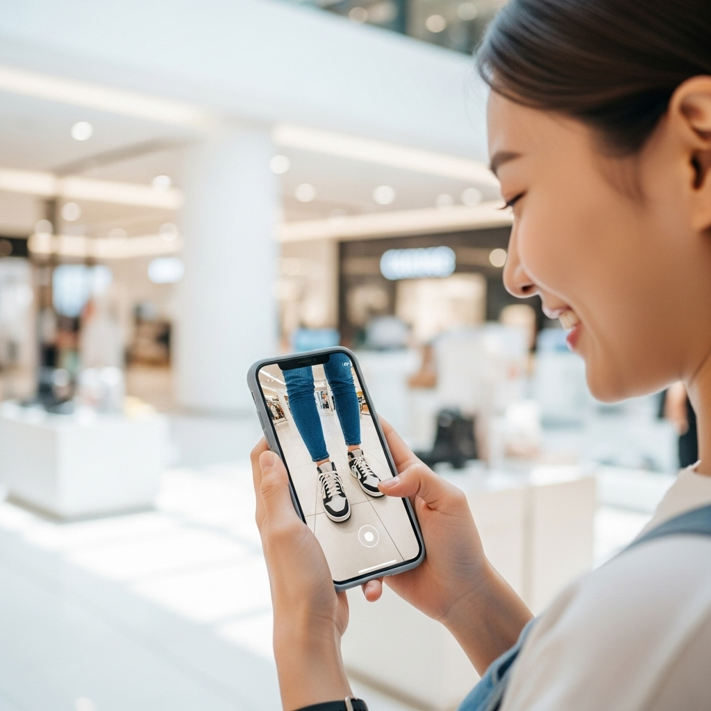A young Korean woman is smiling while using her smartphone. On the phone screen, a pair of stylish shoes is digitally overlaid on her feet, showing a virtual try-on experience. The background is a modern, clean shopping environment. Lifestyle photography, natural lighting, no text.
