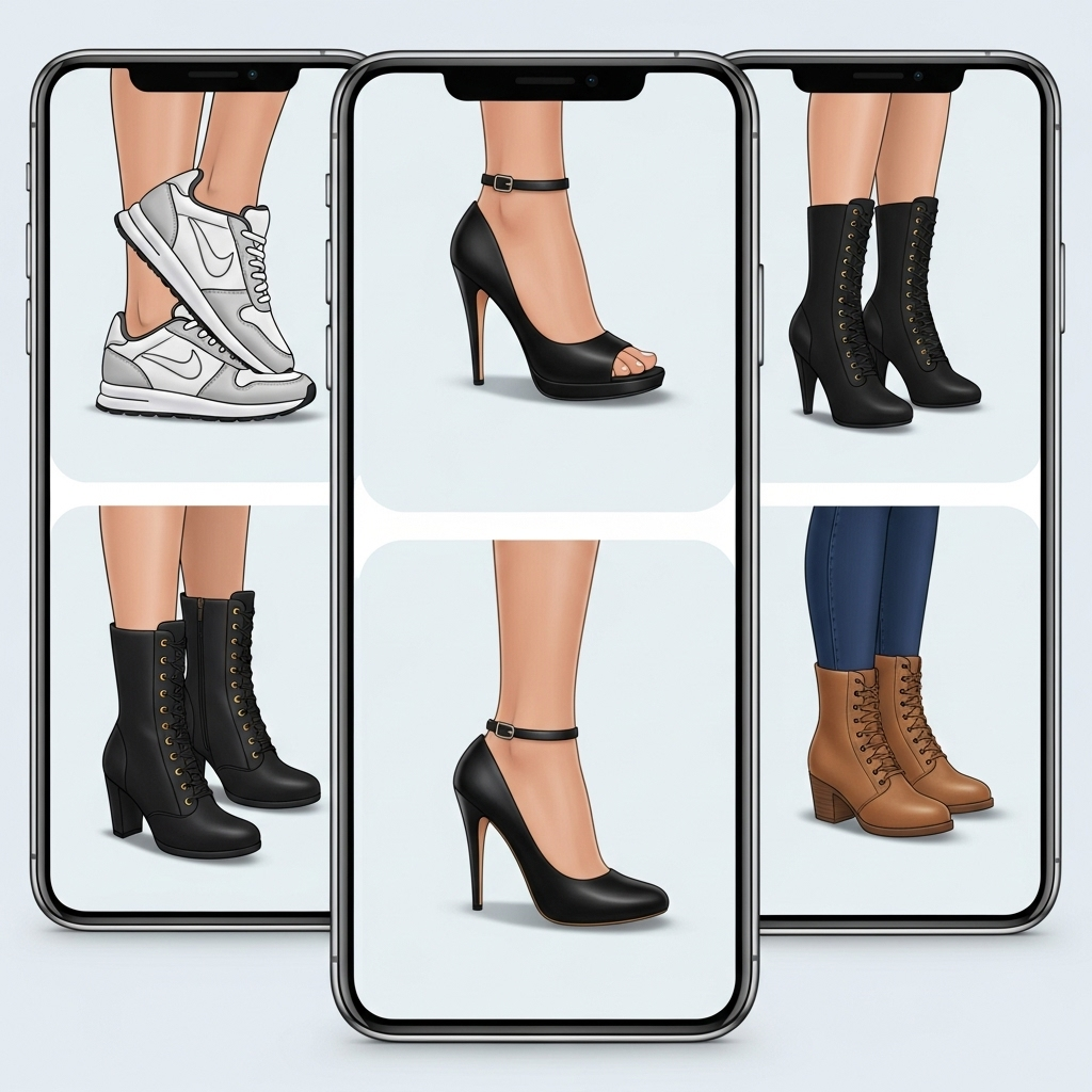 A smartphone screen displaying various pairs of shoes virtually tried on different virtual models or user's feet. The interface is clean and user-friendly, showcasing different angles and styles. Infographic style, bright and clear visuals, no text.