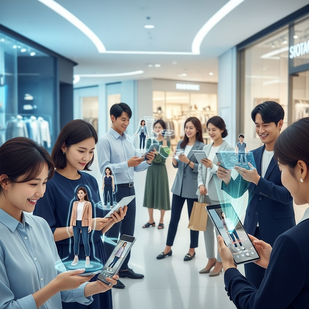 A futuristic shopping environment where a diverse group of Korean people are interacting with virtual try-on features on their devices. Digital clothes and shoes are seen on virtual screens, blending seamlessly with real-life shopping. Style: infographic with a touch of lifestyle photography, focus on convenience and innovation. No text.