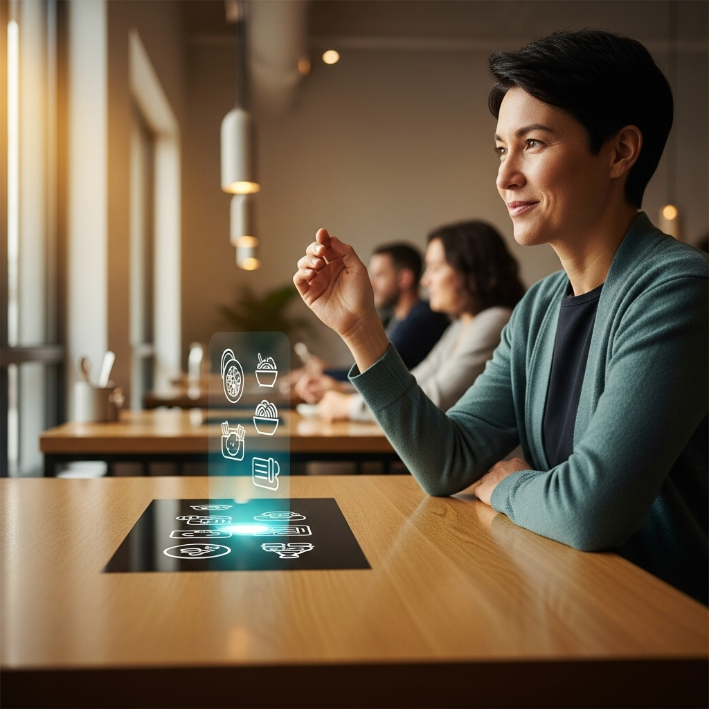 A Korean restaurant scene where a customer is comfortably placing an order using AI voice ordering system. The atmosphere is modern and efficient, with a subtle glow from a digital interface. Natural lighting, focus on interaction, clean infographic style. No text in image.