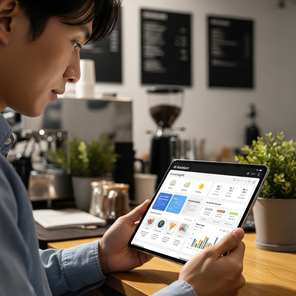 A Korean merchant or cafe owner is looking at a tablet showing an AI assistant dashboard. The dashboard displays local insights like weather, nearby events, and sales trends in a clean infographic style. The person has a focused expression. Natural lighting, modern office setting. No text in image.