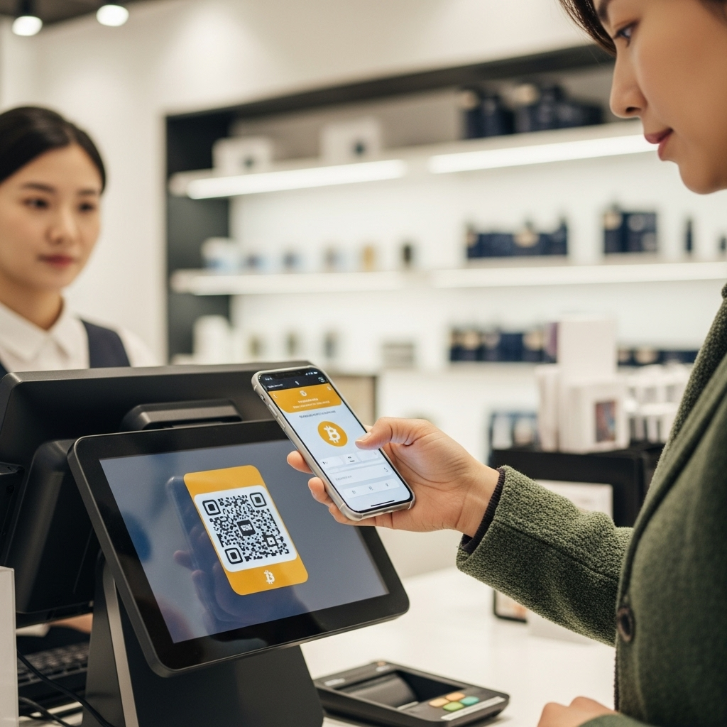 A Korean customer is paying for items at a store using a smartphone to scan a Bitcoin QR code displayed on a POS terminal. The setting is a clean, modern retail environment. Focus on the interaction and digital payment. Lifestyle photography style. No text in image.