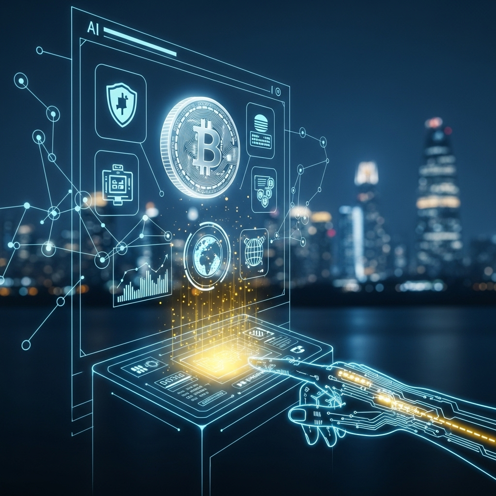 A futuristic commercial setting with AI-powered payment systems and integrated Bitcoin logos. The scene should convey innovation and seamless transactions. High-tech, clean infographic style with glowing digital elements. No text in image.