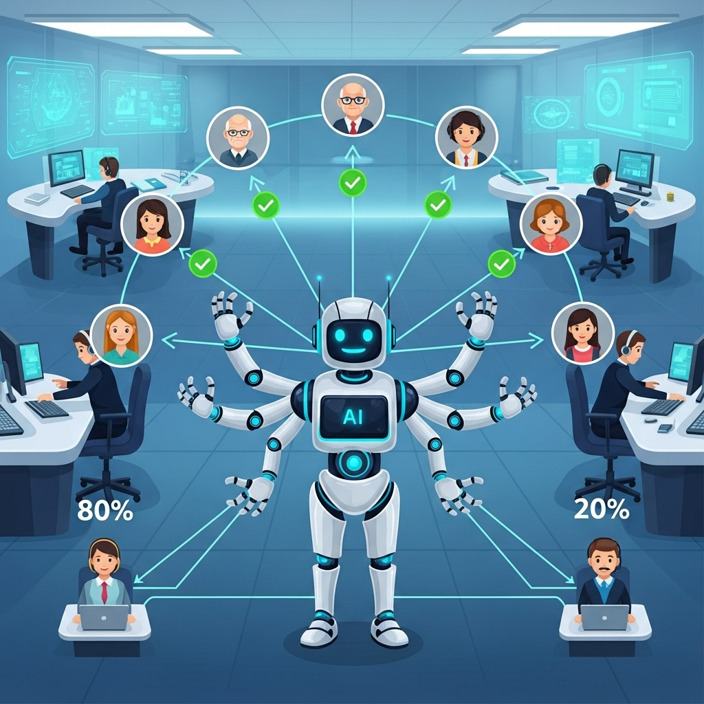 A clean infographic illustrating an AI robot assisting multiple diverse customers simultaneously, with 80% of issues being resolved automatically and 20% being escalated to human agents. The background should show a futuristic customer service center. No text.