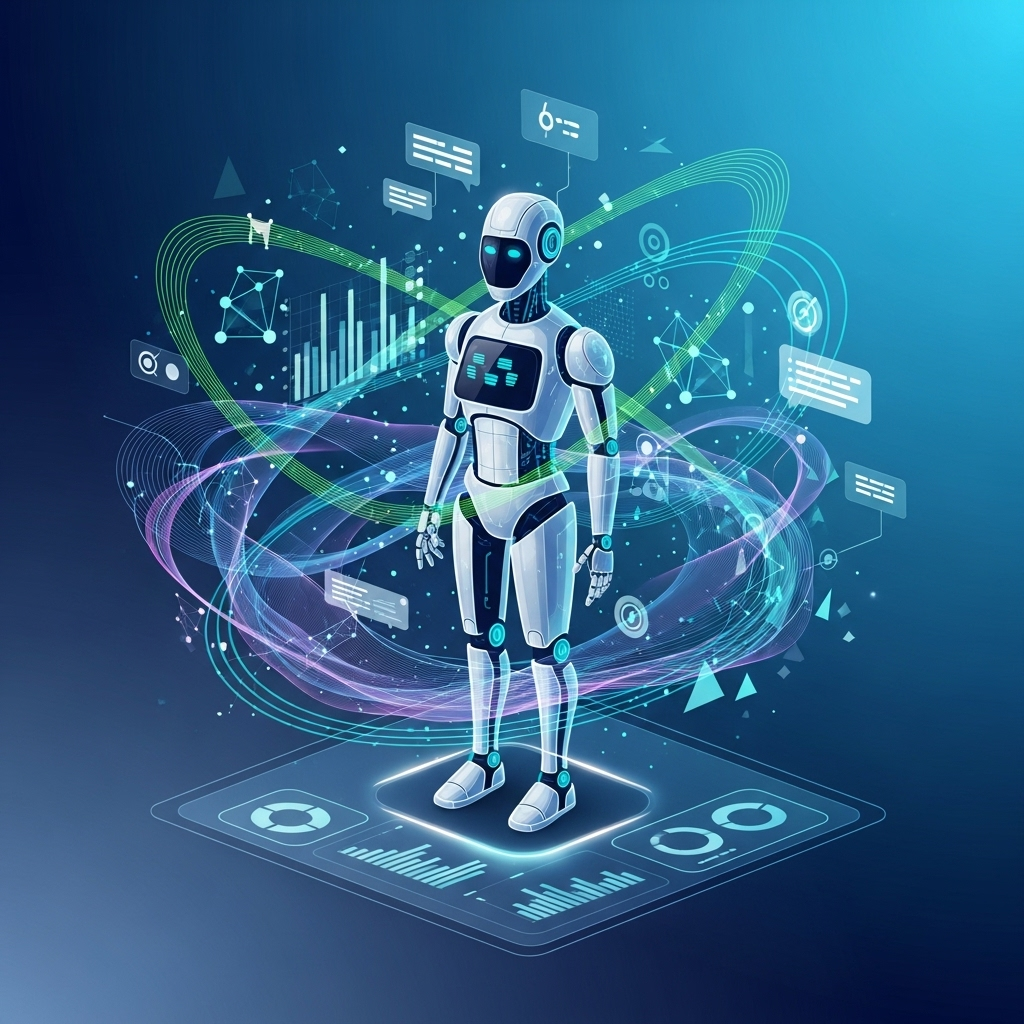 A conceptual illustration of a highly advanced AI agent system with data flowing around it, representing its capability to handle complex customer support tasks autonomously. The robot is sleek and futuristic, surrounded by abstract data visualizations and a glowing interface. Style: clean infographic. No text.