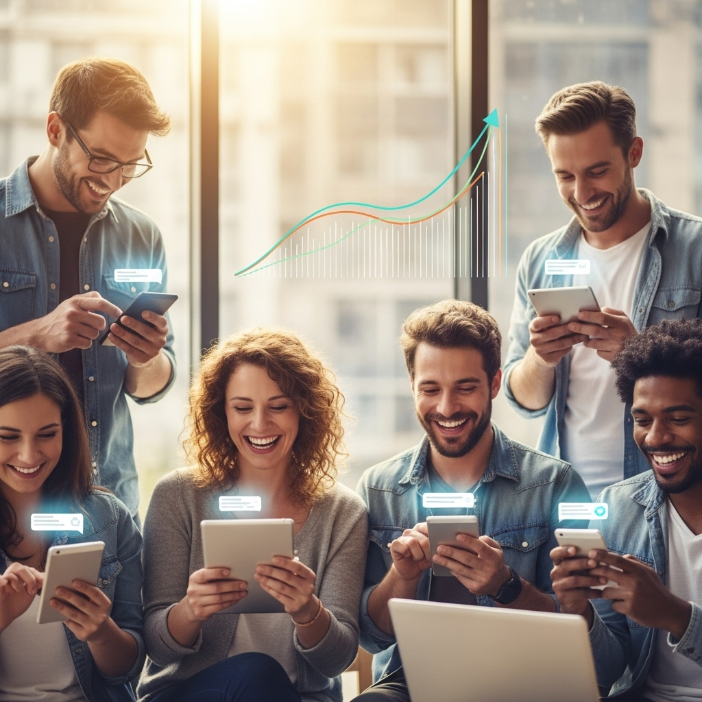 A vibrant lifestyle photography image showing a diverse group of happy customers interacting seamlessly with an AI support system on their devices. In the background, an upward trending graph indicates increased customer satisfaction and efficiency. Natural, warm lighting. No text.