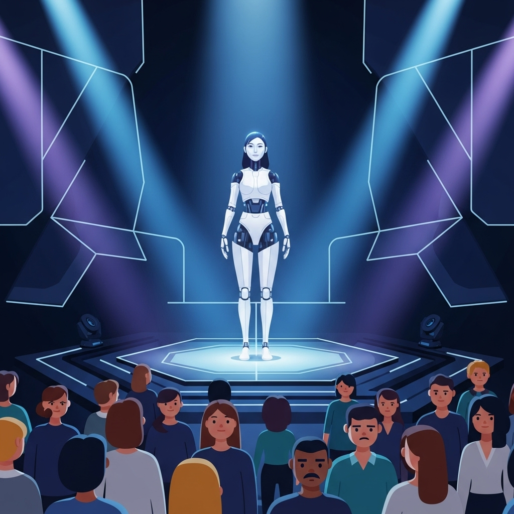 A digital rendering of a sophisticated AI actor (Korean female features) standing confidently on a futuristic stage, while a diverse human audience in the foreground looks on with a mix of awe, skepticism, and curiosity. The lighting is dramatic, highlighting the AI's presence. Style: clean infographic. No text.