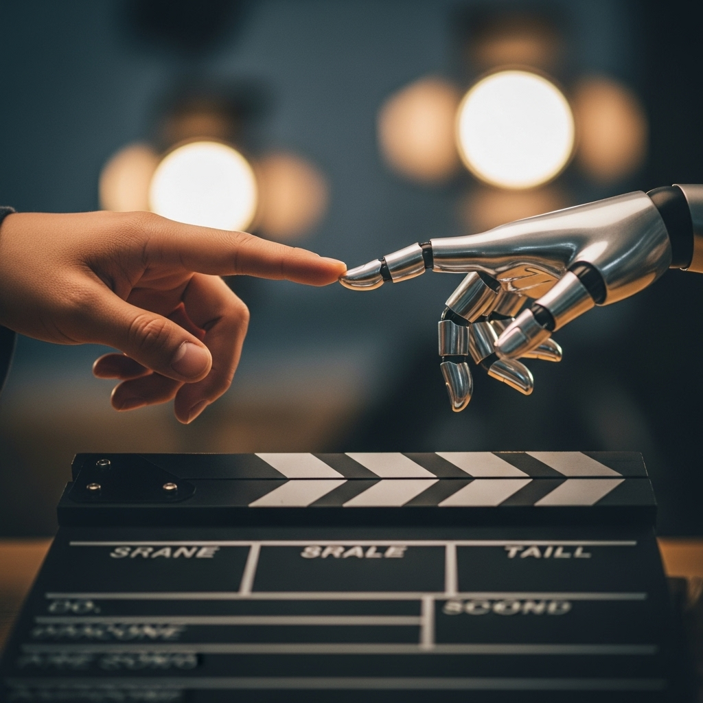 A close-up of two hands, one clearly human (with Korean skin tone) and the other a sleek, metallic robotic hand, delicately touching fingertips over a traditional film clapperboard. The background is slightly blurred with film set lights, suggesting a moment of both connection and tension. Style: lifestyle photography. No text.
