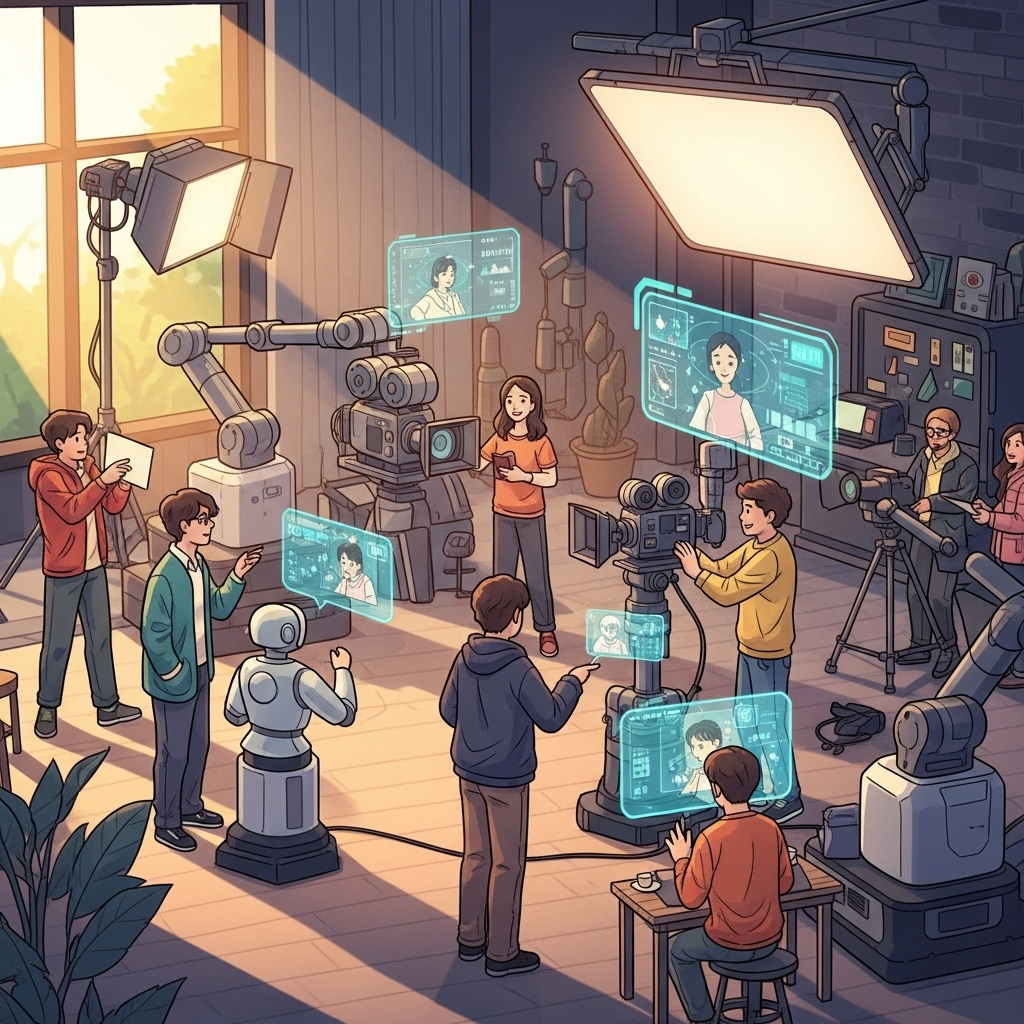 A stylized illustration depicting a vibrant film set where both human crew members (Korean individuals) and subtle, integrated AI tools (like robotic camera arms or holographic screens) work in harmony. The atmosphere is collaborative and innovative, with a warm, natural light. Style: illustration. No text.