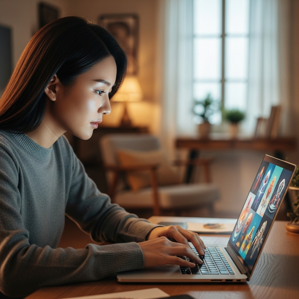 A young Korean woman is deeply focused on her laptop, a glowing screen reflects AI-generated images on her face. She is exploring various AI art tools. The background is a cozy, modern home office. Lifestyle photography, natural lighting, no text.